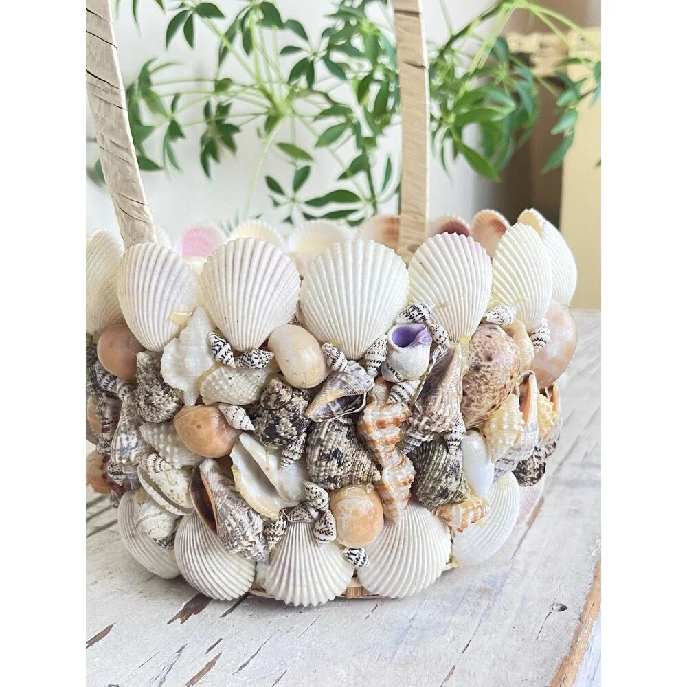 Vintage Nautical Coastal Shell Encrusted Decorative Handled Basket / Beach Home
